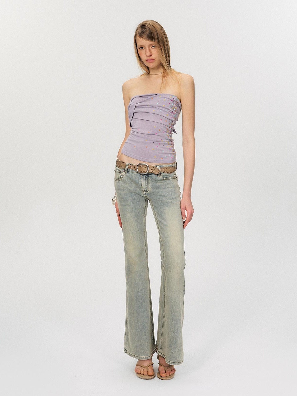 The NeverMore Washed Micro Flare Low Rise Micro Stretch Cotton Blue Green Straight Leg Jeans