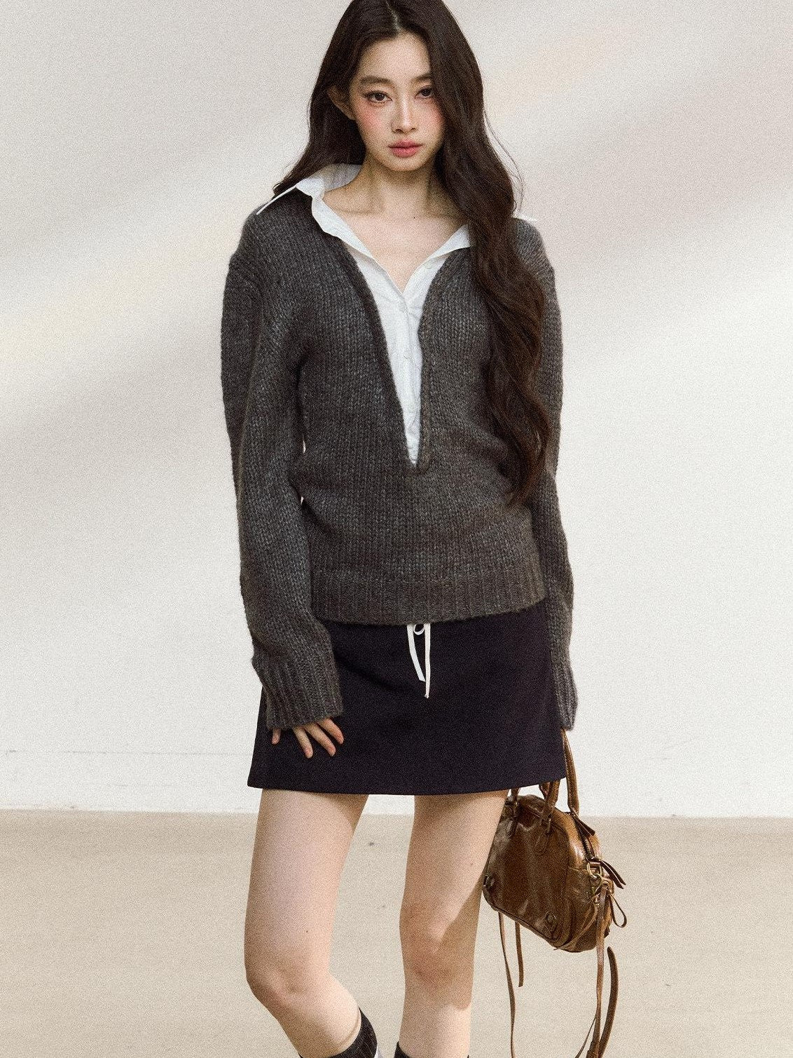 7Shiftin Cozy Acrylic Wool Blend Mock Layered American Pullover Women Deep Gray Sweaters