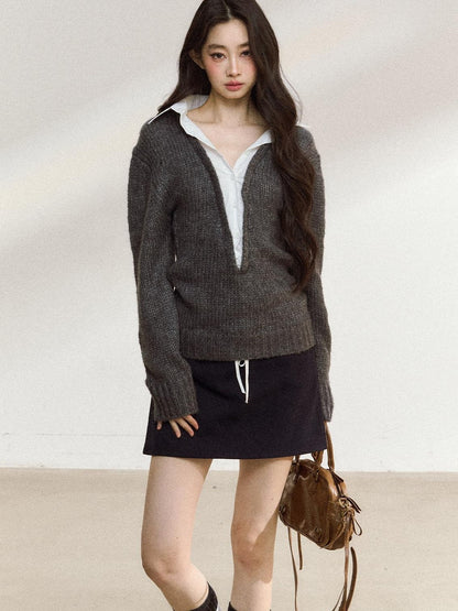 7Shiftin Cozy Acrylic Wool Blend Mock Layered American Pullover Women Deep Gray Sweaters