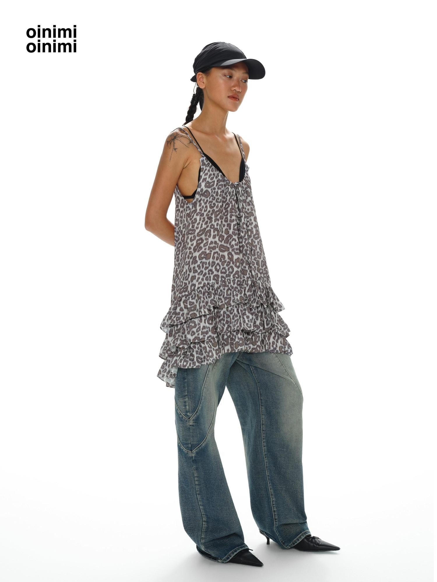 oinimi Leopard Print Ruffle Hem Adjustable Straps Women&