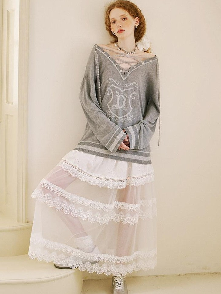 DIDDI MODA White Lace Top Petal Hem Skirt Women&