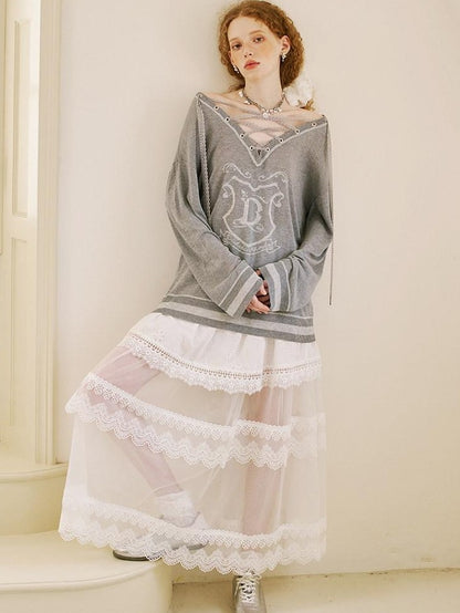 DIDDI MODA White Lace Top Petal Hem Skirt Women&