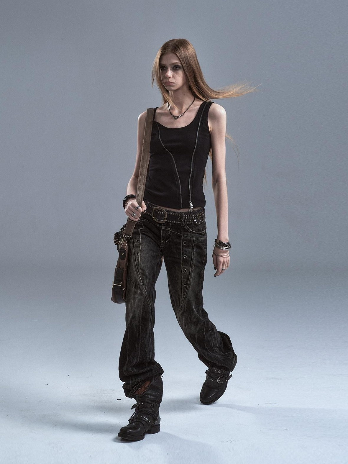 wear And tear Printed Camo Black Diagonal Zip Two Way Cinched Waist Women&