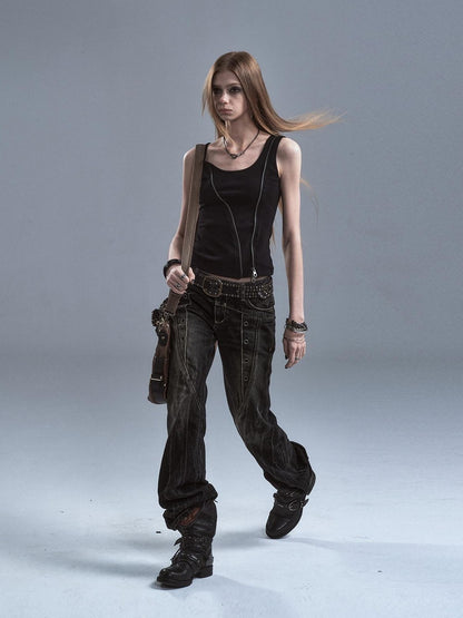 wear And tear Printed Camo Black Diagonal Zip Two Way Cinched Waist Women&