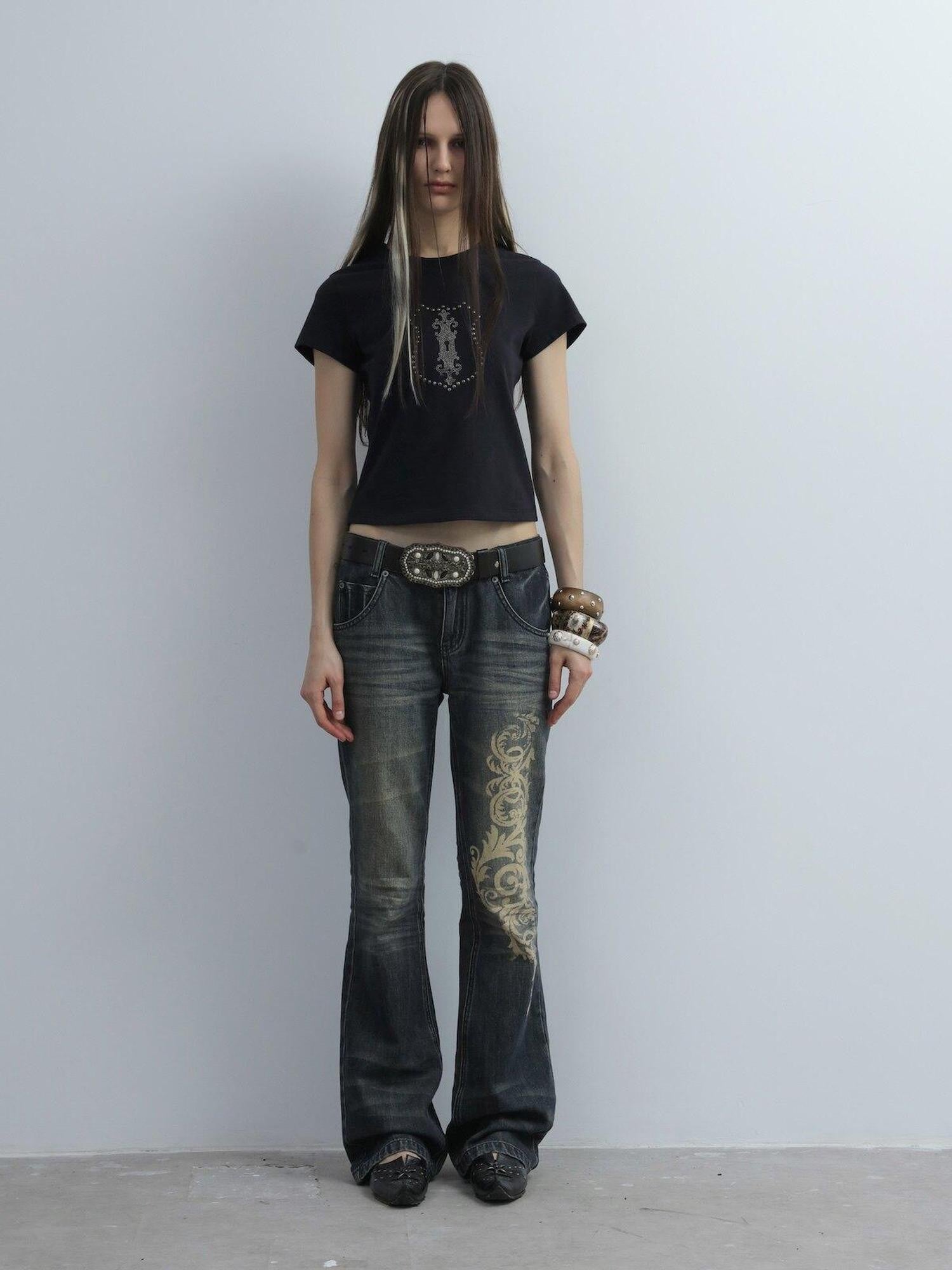 DoublePunch Baroque Print Distressed Micro Flare Women&