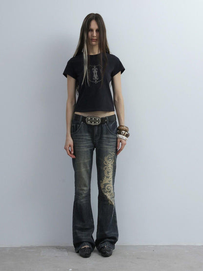 DoublePunch Baroque Print Distressed Micro Flare Women&
