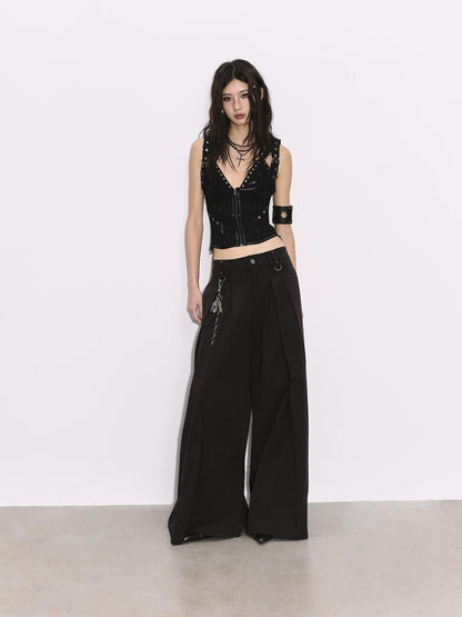 Low pixel Pleated Low Waist Relaxed Cotton Blend Black Women Wide Leg Pants
