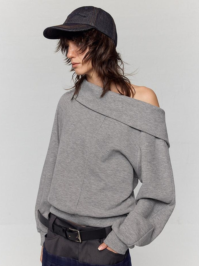 RUN TO THE FUTURE Asymmetric Slanted Neck Loose Fit Retro Office Pullover Heather Gray Sweatshirts