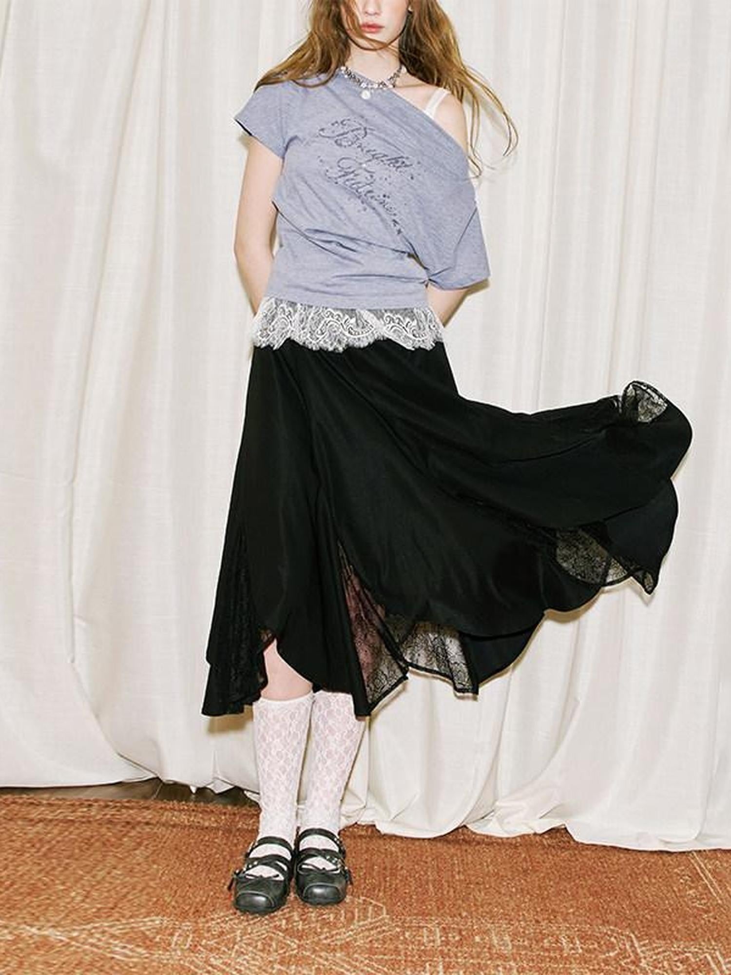 DIDDI MODA White Lace Top Petal Hem Skirt Women&
