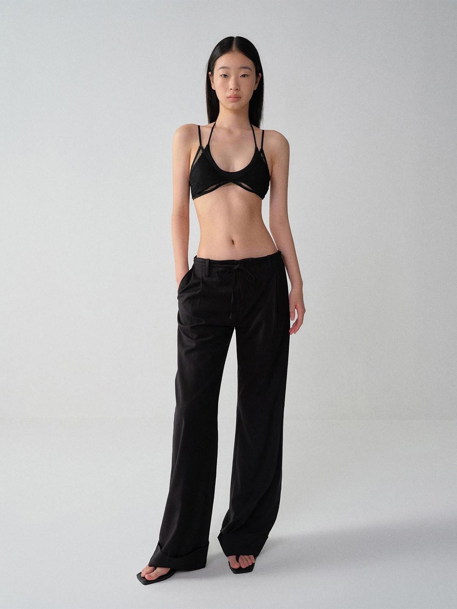 RUN TO THE FUTURE Low Waist Zip Fly Minimalist Relaxed Wide Leg Black Red Stripe Straight Pants