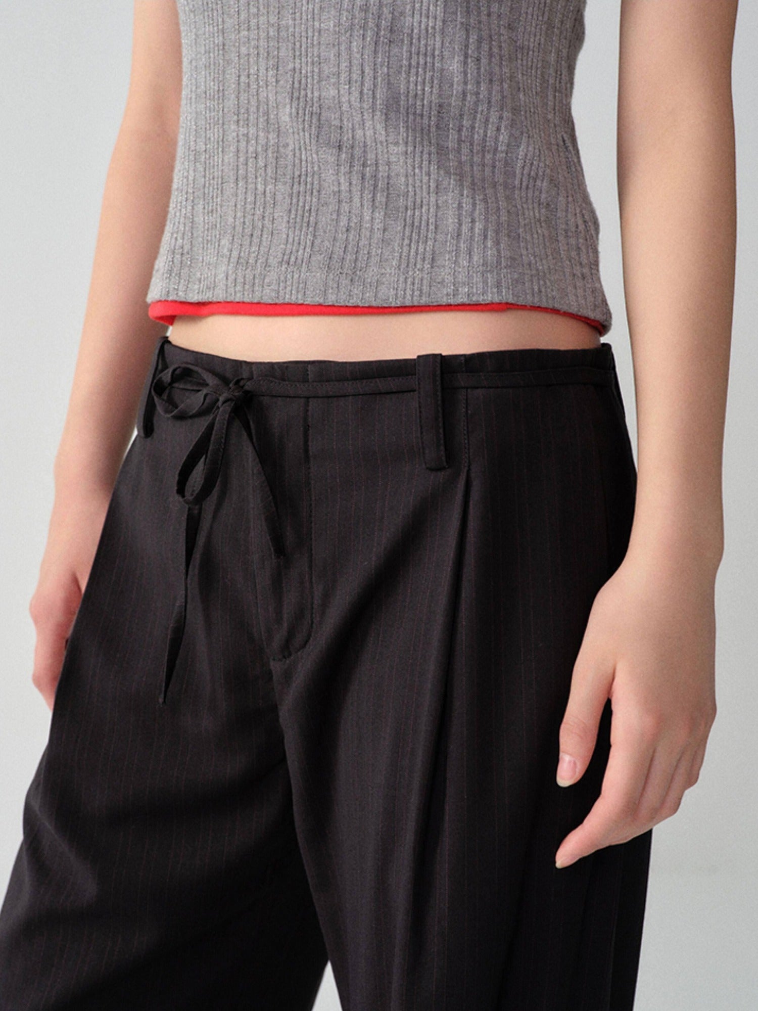 RUN TO THE FUTURE Low Waist Zip Fly Minimalist Relaxed Wide Leg Black Red Stripe Straight Pants