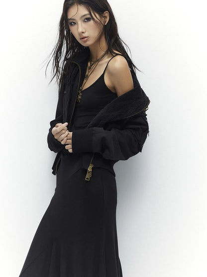 Low pixel Plush Lined Waist Cinch Dark Goth Slim Fit Women Zip High Collar Cropped Jackets