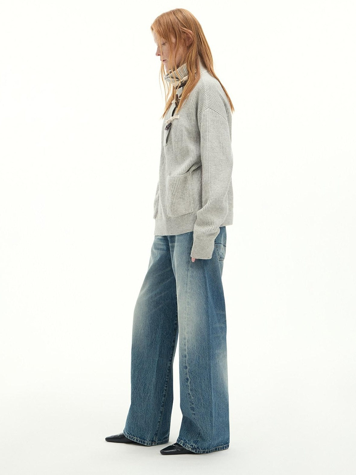 RUN TO THE FUTURE Washed Cotton Casual Natural Waist Topstitch Women Denim Blue Wide-Leg Jeans