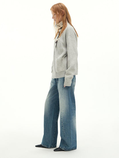 RUN TO THE FUTURE Washed Cotton Casual Natural Waist Topstitch Women Denim Blue Wide-Leg Jeans