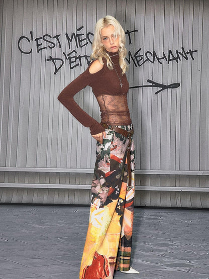 The NeverMore Sexy Mid Low Waist Hot Girl Floral Printed 100 Percent Cotton Wide Leg Pants
