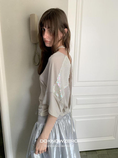 DKZ OFFICIAL Grey Sequin Spliced Tieback Drape Neck Women&