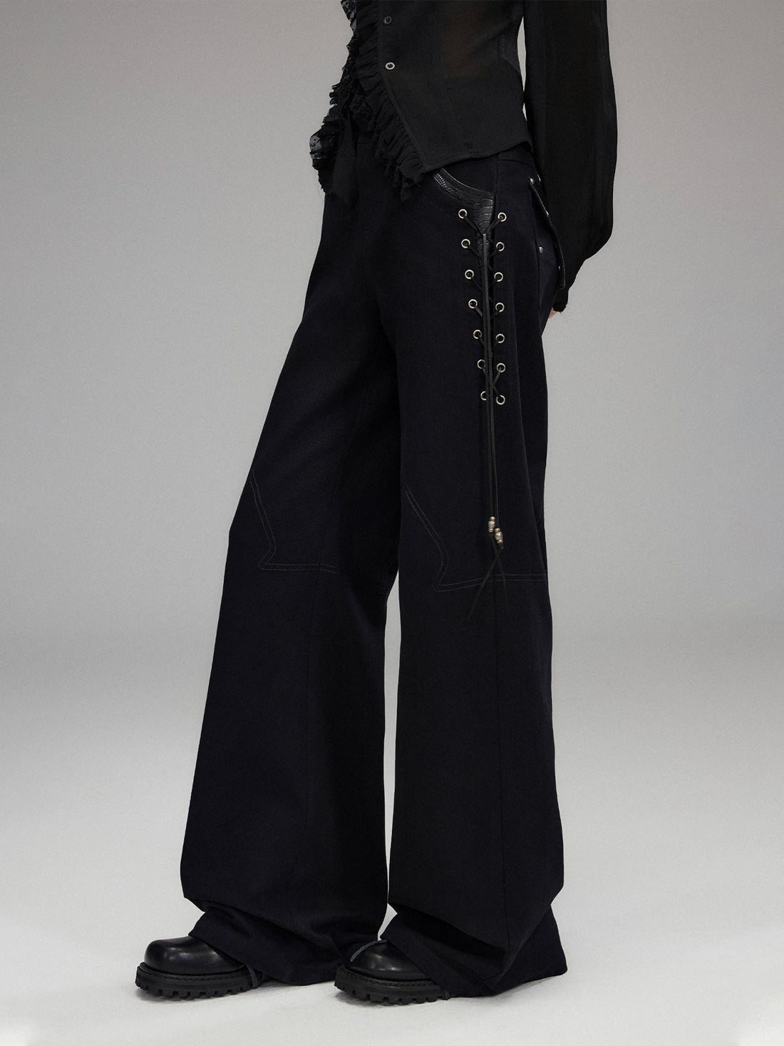 Low pixel Pure Cotton Low Rise Wide Leg Zipper Casual Womens Black Straight Pants