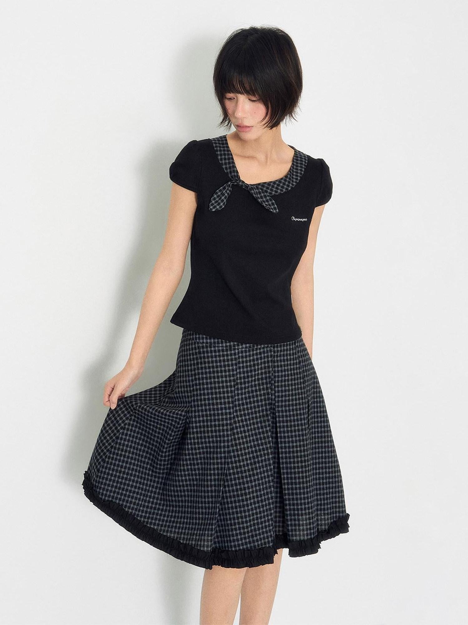 NAPSNAPS Plaid Ruffle Splice Vintage Women&