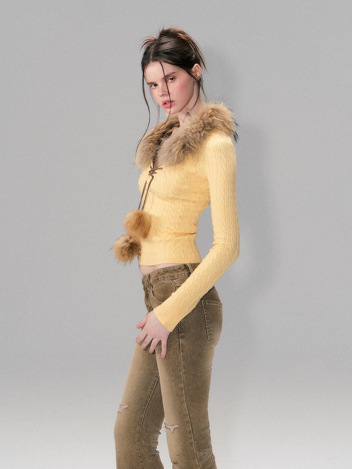 The NeverMore Viscose Blend Slim Fit Faux Layered Cropped Knit Pullover Girls Yellow Sweaters
