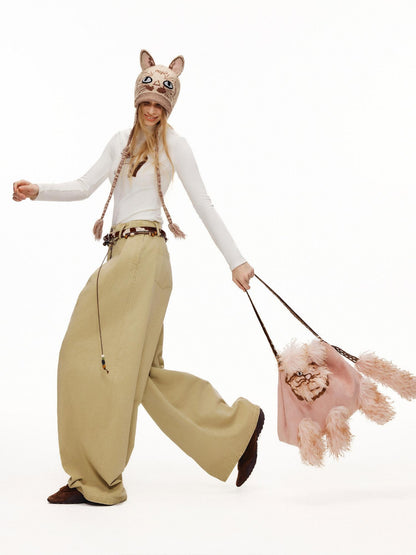 OuttheBlue Cute Edgy Cat Print Square Single Shoulder Women Vintage Pink Khaki Tote Bags