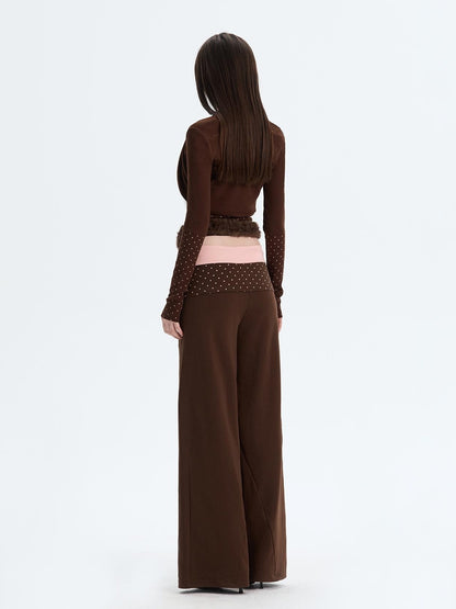 The NeverMore Polka Dot Patchwork Three Piece Long Sleeve Women Long Pants Top &amp; Pants Sets