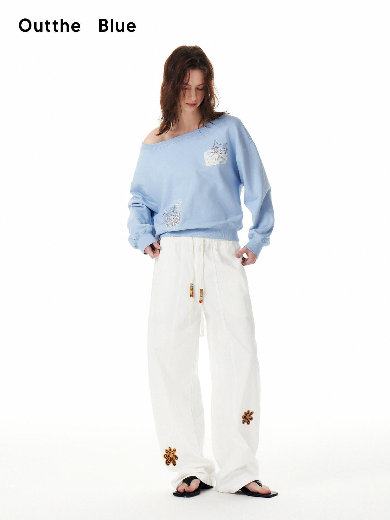 OuttheBlue Cotton Drawstring Pockets Natural Waist Workwear Long White Wide Leg Pants