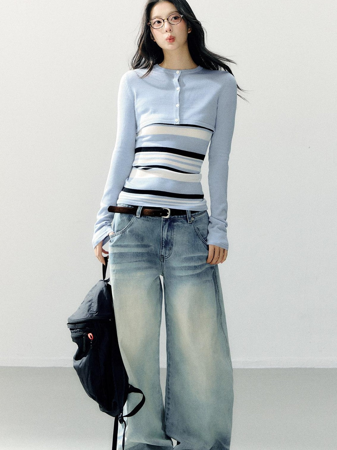 7Shiftin Washed Cotton Natural Waist Girly Zip Fly Non Stretch Blue Women Wide Leg Jeans