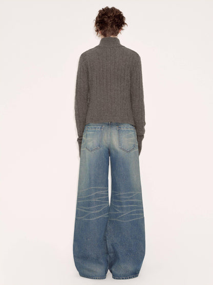 RUN TO THE FUTURE Washed Vintage Blue Low Rise Loose Fit Unisex High Cotton Denim Straight Jeans