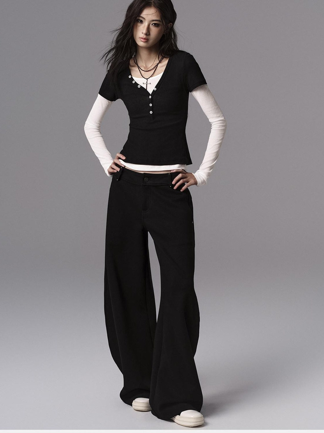Low pixel Low Waist Dark Minimal Curved Button Fly Black Women Rayon Wide Leg Pants