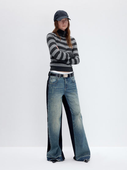 RUN TO THE FUTURE Washed Low Rise Wide Leg Loose Blue Black Denim Zipper Fly Straight Jeans