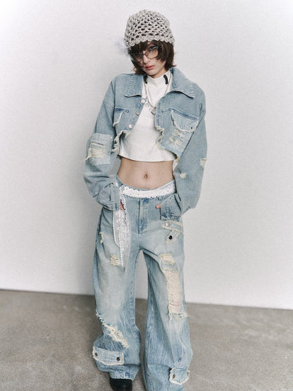 Frustration Garden Light Blue Washed Distressed Ripped Frayed Hem Women&