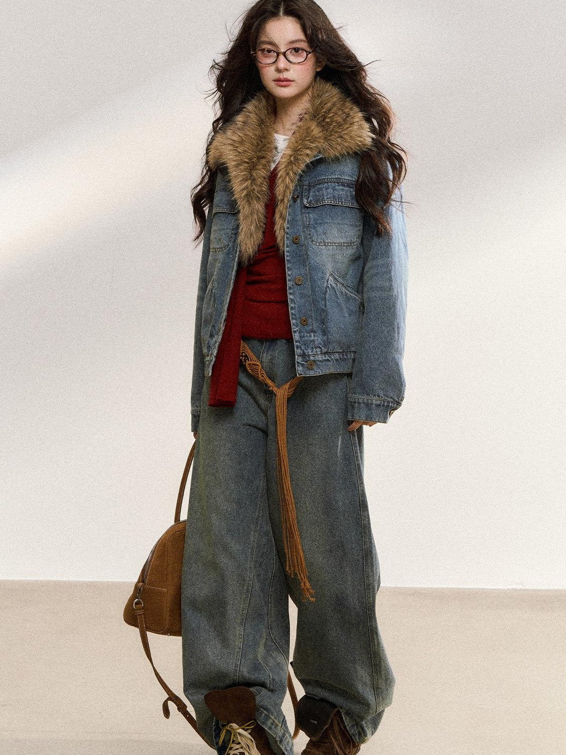 7Shiftin Warm Detachable Fur Collar Casual Cropped Women Long Sleeve Denim Jackets