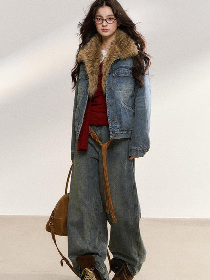 7Shiftin Warm Detachable Fur Collar Casual Cropped Women Long Sleeve Denim Jackets