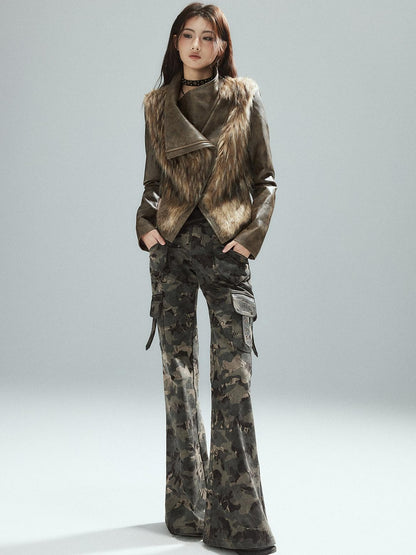 Low pixel Thick Waist Cinch Patchwork Street Style Women Brown Zipper Lapel Cropped Jackets