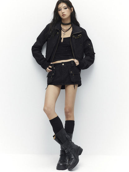 Low pixel Windproof Vintage Slim Metal Detail Women Cotton Lyocell Button Cropped Jackets