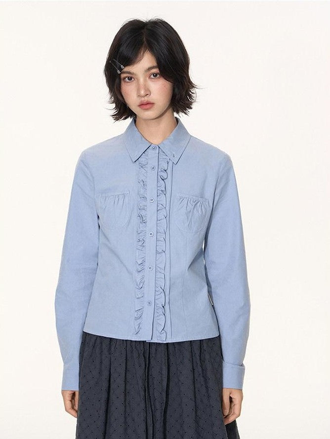 NAPSNAPS Ruffle Trim Pleated Point Collar Patch Pocket Women&