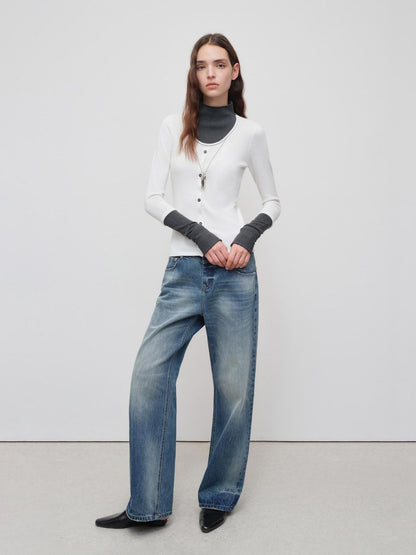 RUN TO THE FUTURE Vintage Washed Cotton Natural Waist No Stretch Ladies Blue Straight Jeans