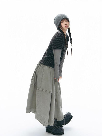 NAPSNAPS Washed Denim Tie Elastic Waist Flared Women&