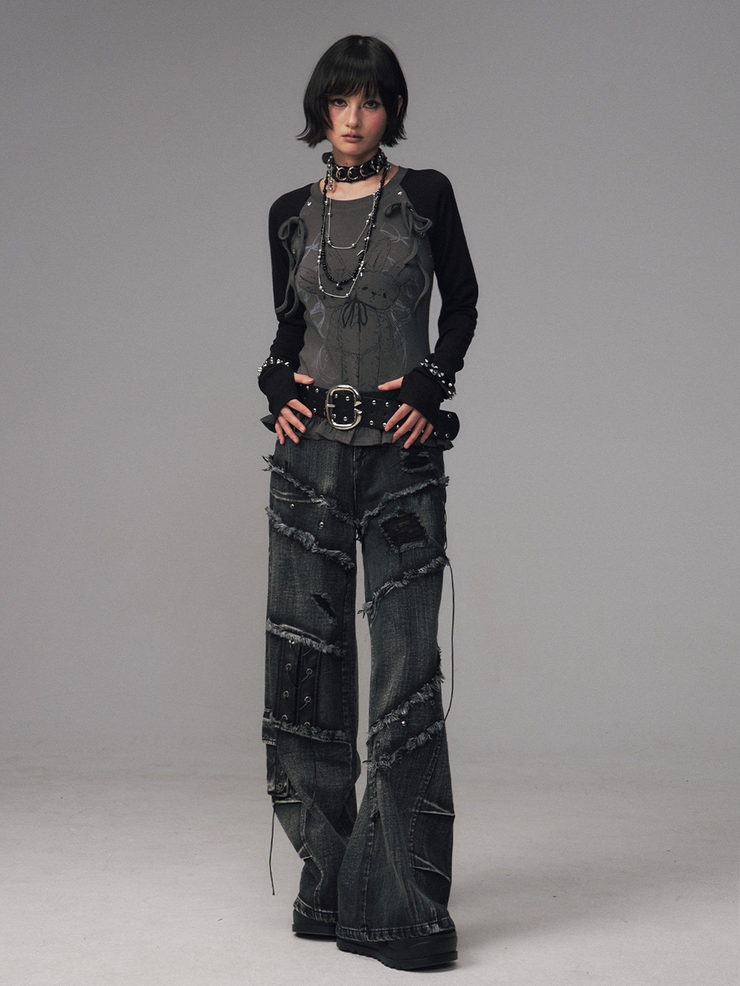 Frustration Garden Black Grey Street Punk Lace Up Frayed Rivet Women&