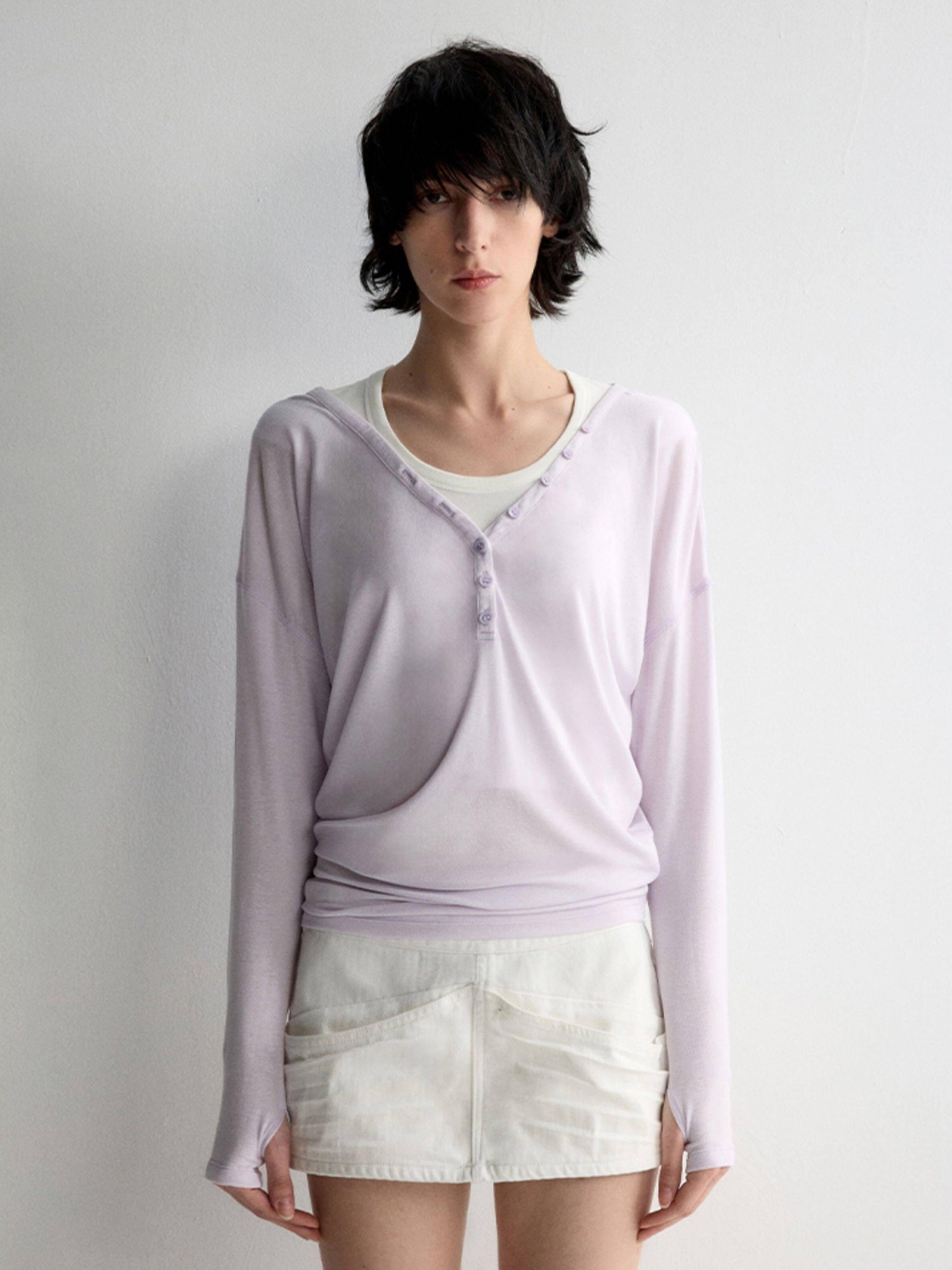 RUN TO THE FUTURE Breathable Lyocell Linen Vneck Slim Casual Women Lilac Long Sleeve T-Shirts
