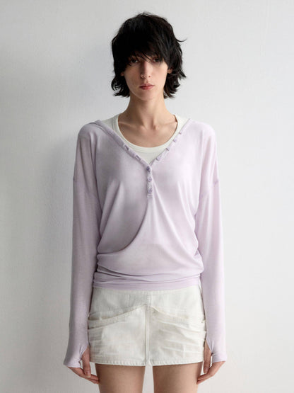 RUN TO THE FUTURE Breathable Lyocell Linen Vneck Slim Casual Women Lilac Long Sleeve T-Shirts