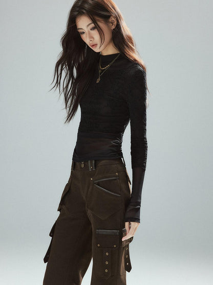 Low pixel Slim Low Rise Cotton Flare Street Style Zipper Brown Women Cargo Pants