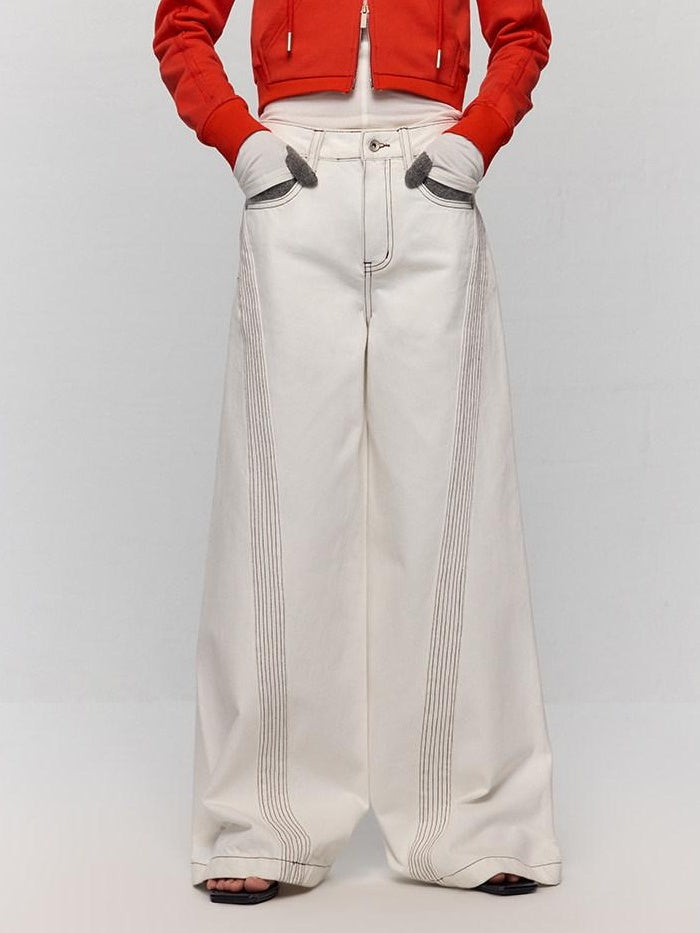 RUN TO THE FUTURE Casual Colorblock Loose Natural Waist Washed Denim High Cotton Wide-Leg Jeans