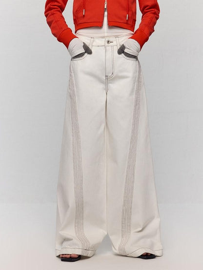 RUN TO THE FUTURE Casual Colorblock Loose Natural Waist Washed Denim High Cotton Wide-Leg Jeans