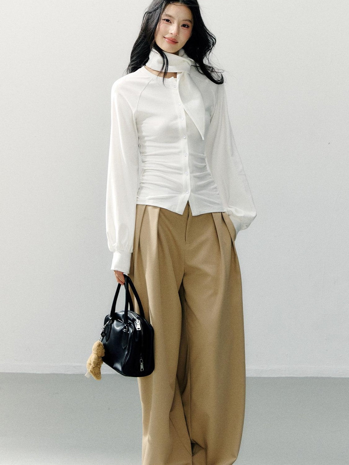 7Shiftin Cotton Bow Tie Fitted Waist Casual Cropped Long Sleeve Women White Blouses