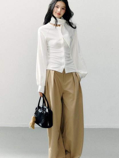 7Shiftin Cotton Bow Tie Fitted Waist Casual Cropped Long Sleeve Women White Blouses