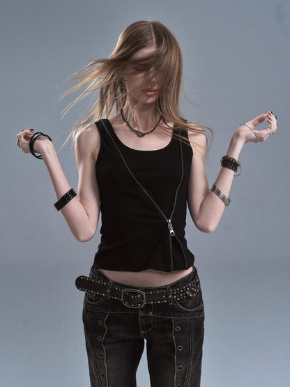 wear And tear Printed Camo Black Diagonal Zip Two Way Cinched Waist Women&