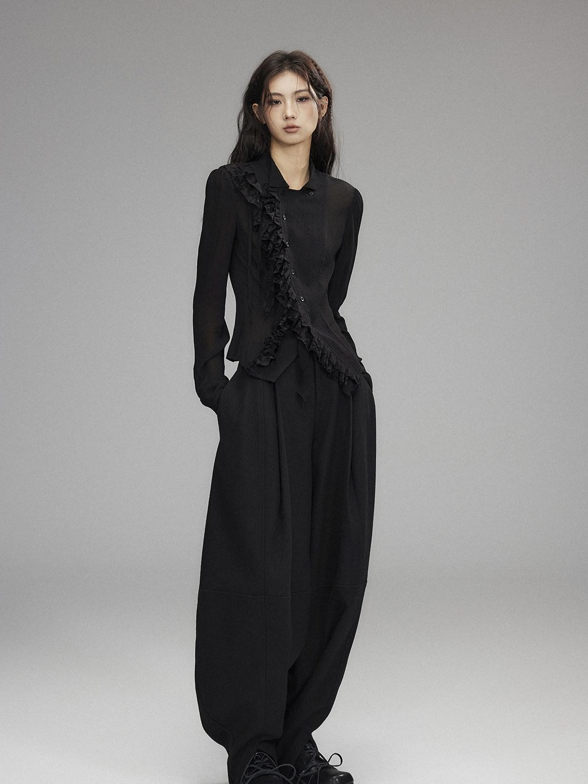 Low pixel Low Rise Wool Blend Micro Stretch Casual Zip Fly Women Black Wide Leg Pants