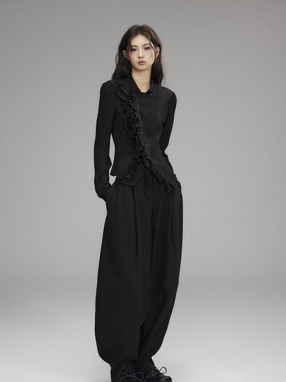 Low pixel Low Rise Wool Blend Micro Stretch Casual Zip Fly Women Black Wide Leg Pants