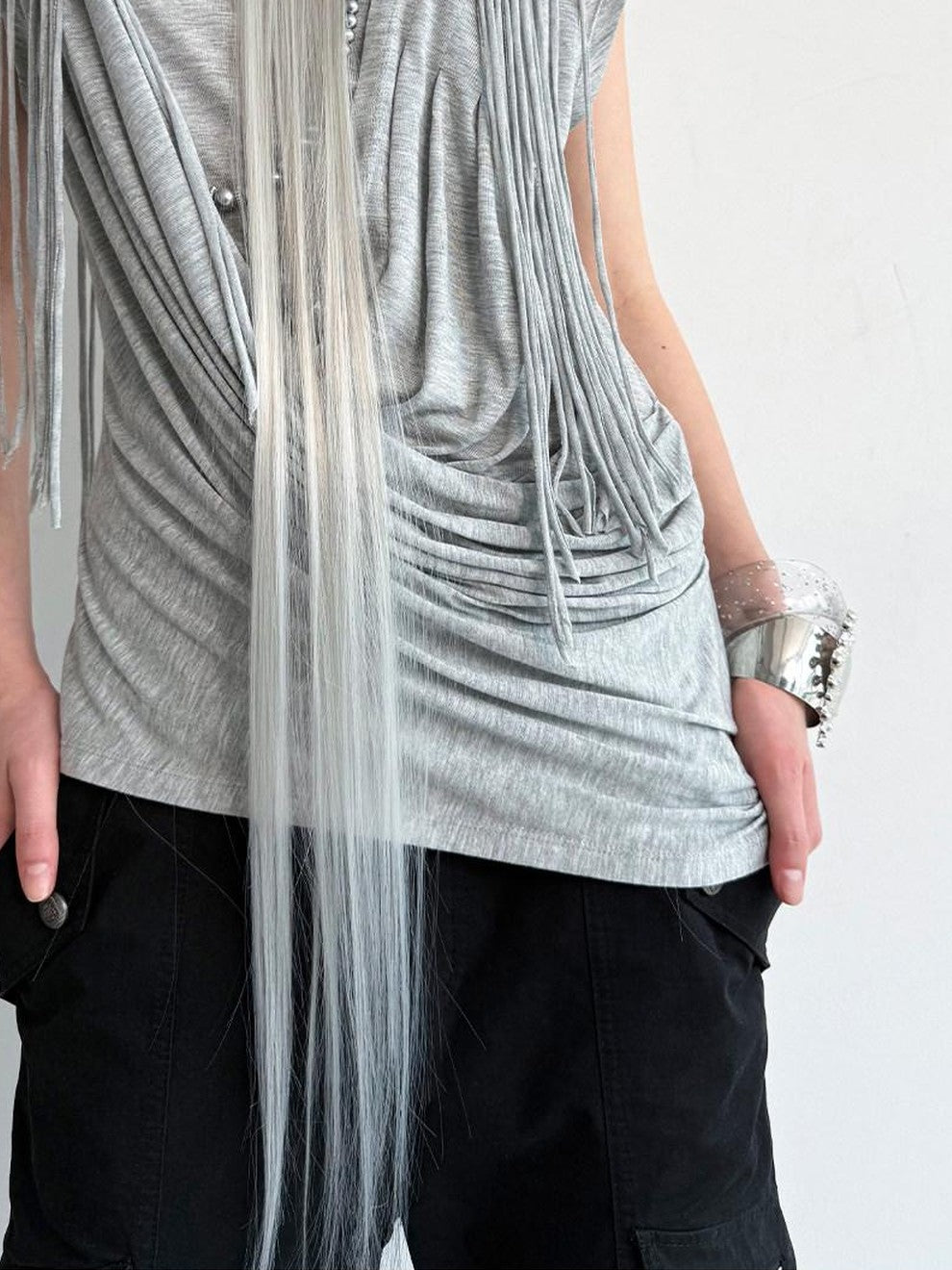 DoublePunch Desert Sand Asymmetric Draped Tassel Knit Women&
